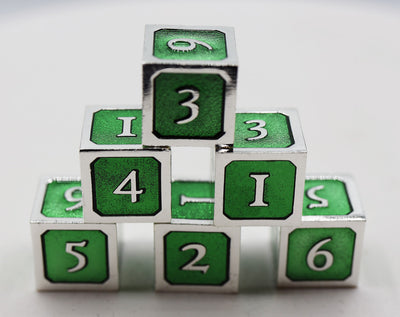 6 piece Metal D6's - Green and Silver Metal Dice Foam Brain Games