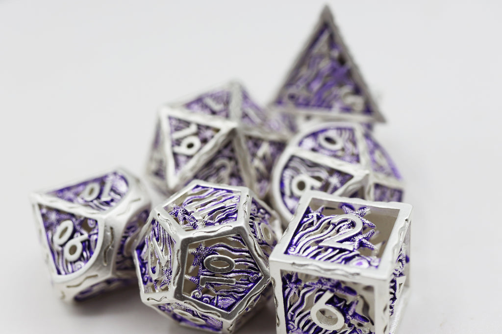 Seascape: Silver & Purple - Hollow Metal RPG Dice Set Metal Dice Foam Brain Games