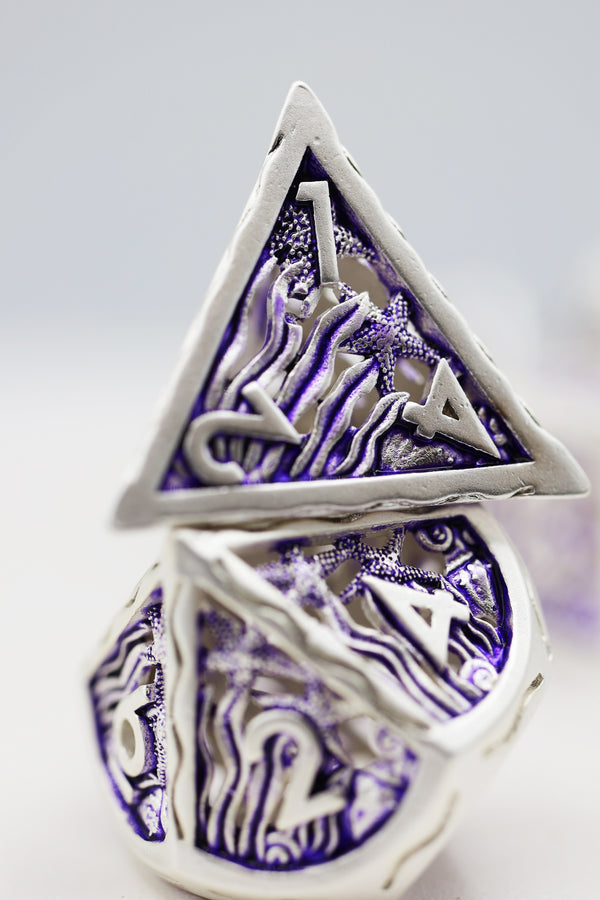Seascape: Silver & Purple - Hollow Metal RPG Dice Set Metal Dice Foam Brain Games