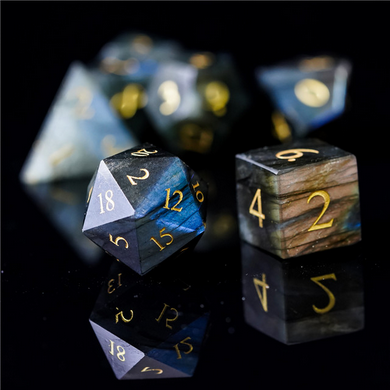 Labradorite - Gemstone Engraved with Gold Stone Dice Foam Brain Games