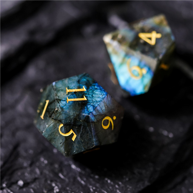 Labradorite - Gemstone Engraved with Gold Stone Dice Foam Brain Games
