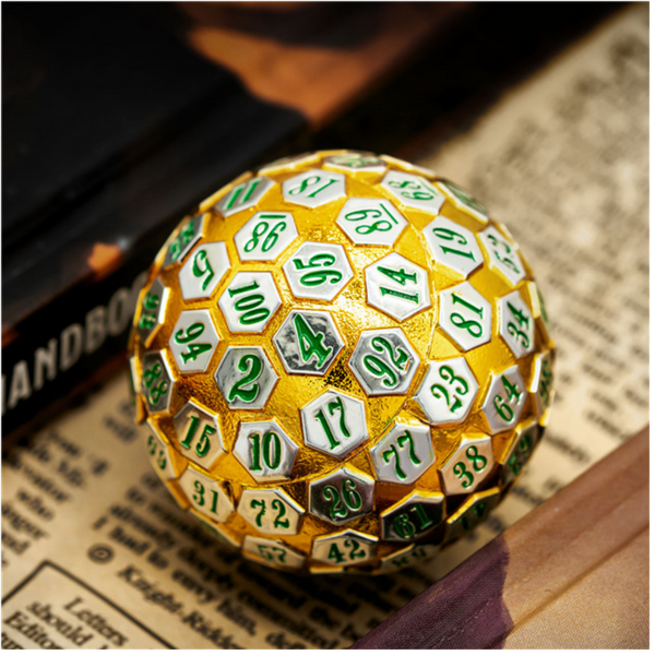 45mm Metal D100 - Gold & Silver with Green Metal Dice Foam Brain Games