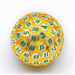 45mm Metal D100 - Gold & Silver with Green Metal Dice Foam Brain Games