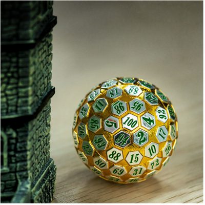 45mm Metal D100 - Gold & Silver with Green Metal Dice Foam Brain Games