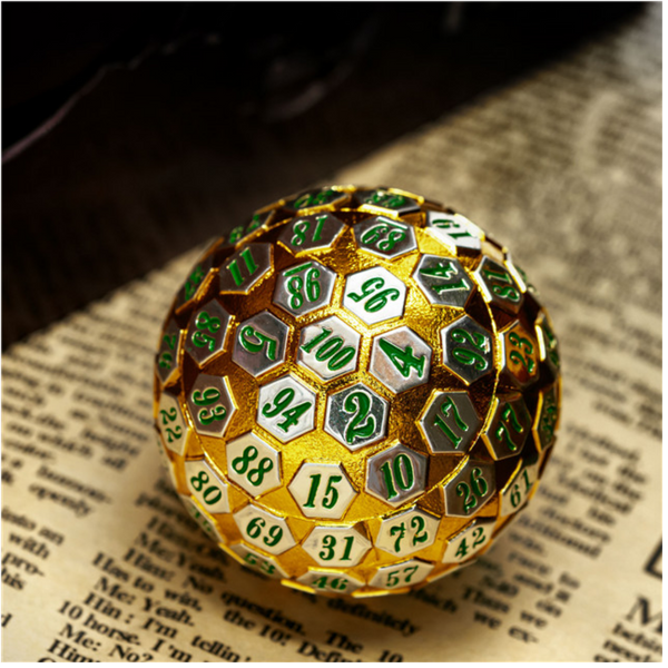 45mm Metal D100 - Gold & Silver with Green Metal Dice Foam Brain Games