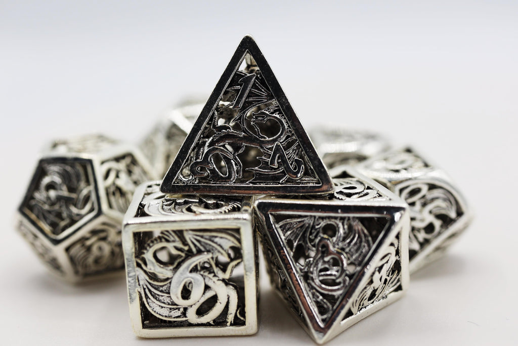 Dragon Essence: Mithril - Hollow Metal RPG Dice Set Metal Dice Foam Brain Games