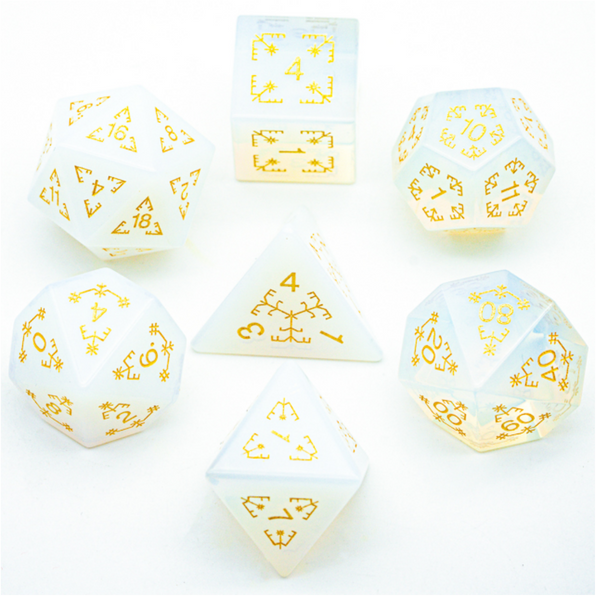 Opalite and Flourish - Gemstone Engraved with Gold Stone Dice Foam Brain Games