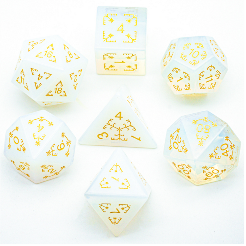 Opalite and Flourish - Gemstone Engraved with Gold Stone Dice Foam Brain Games