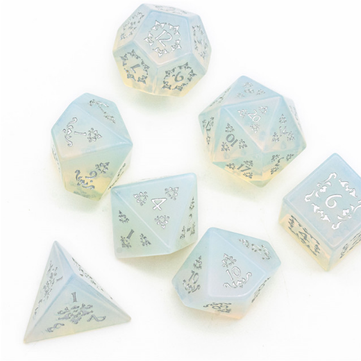 Opalite and Flourish - Gemstone Engraved with Silver Stone Dice Foam Brain Games