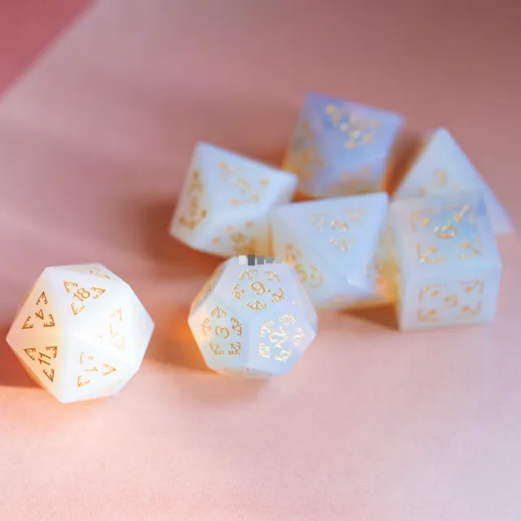 Opalite and Flourish - Gemstone Engraved with Gold Stone Dice Foam Brain Games