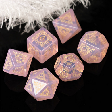 Pink Opalite with Runes - Engraved with Gold Stone Dice Foam Brain Games