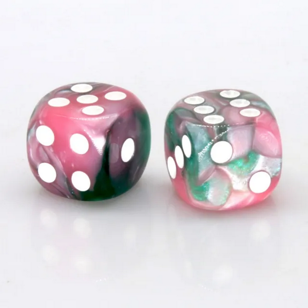 12 piece Pip D6's - Pink and Green Pearlescent Plastic Dice Foam Brain Games