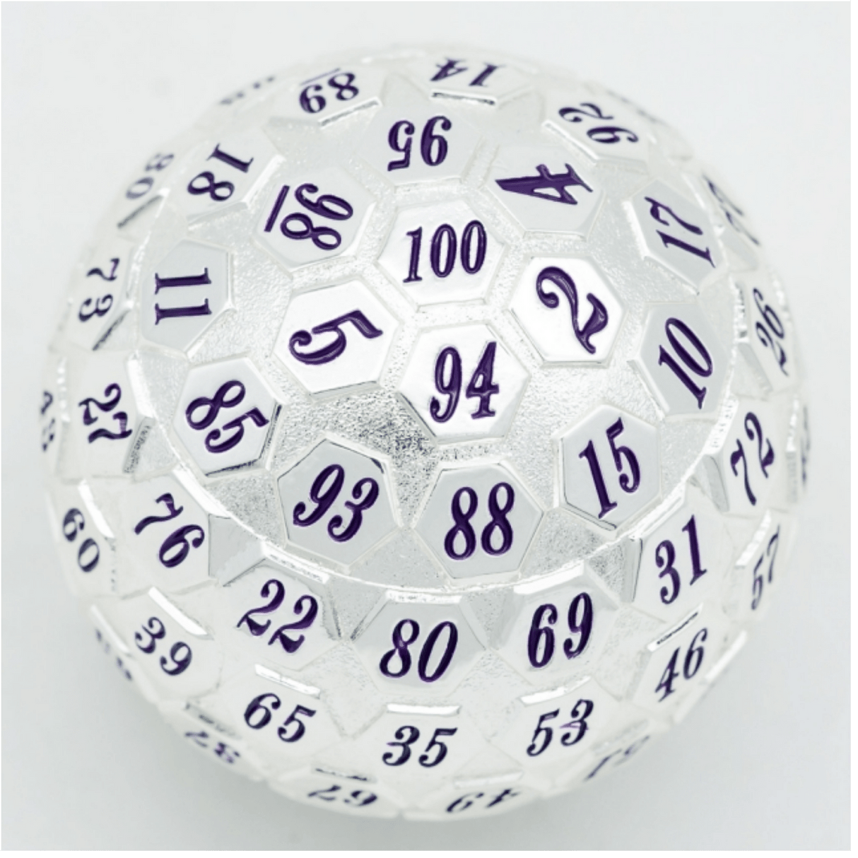 45mm Metal D100 - Platinum with Purple Metal Dice Foam Brain Games