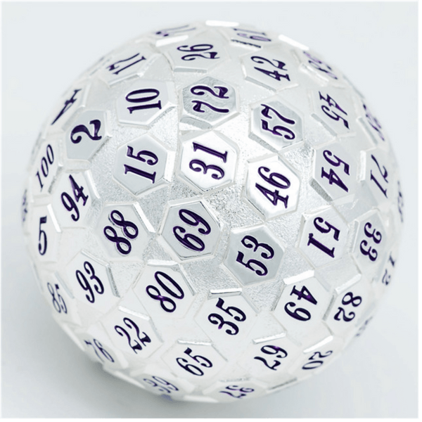 45mm Metal D100 - Platinum with Purple Metal Dice Foam Brain Games