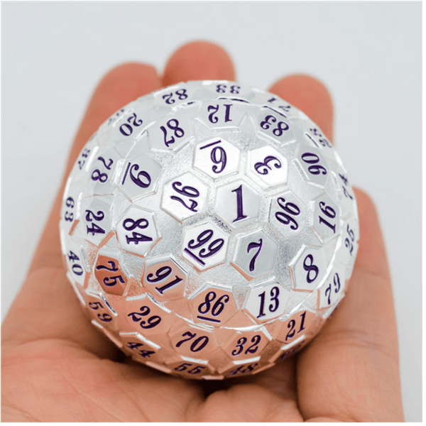 45mm Metal D100 - Platinum with Purple Metal Dice Foam Brain Games