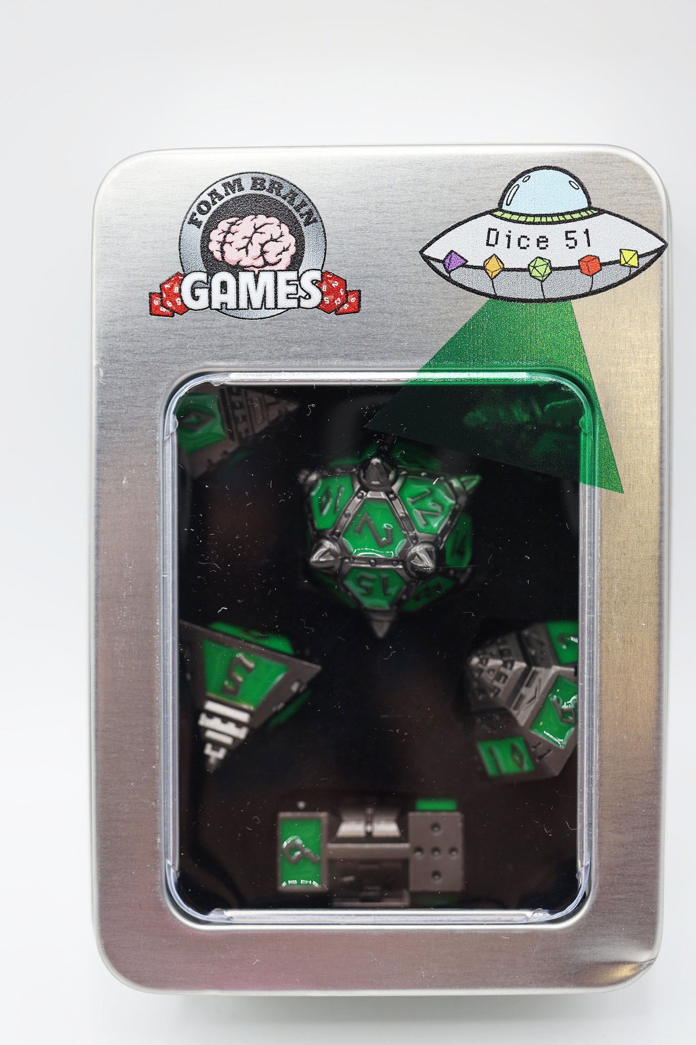 Dice 51: Radioactive Rocket - Metal RPG Dice Set Metal Dice Foam Brain Games