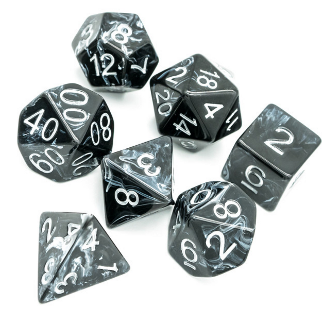 Black Brushed White Silk RPG Dice Set Plastic Dice Foam Brain Games