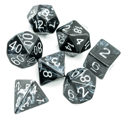 Black Brushed White Silk RPG Dice Set Plastic Dice Foam Brain Games