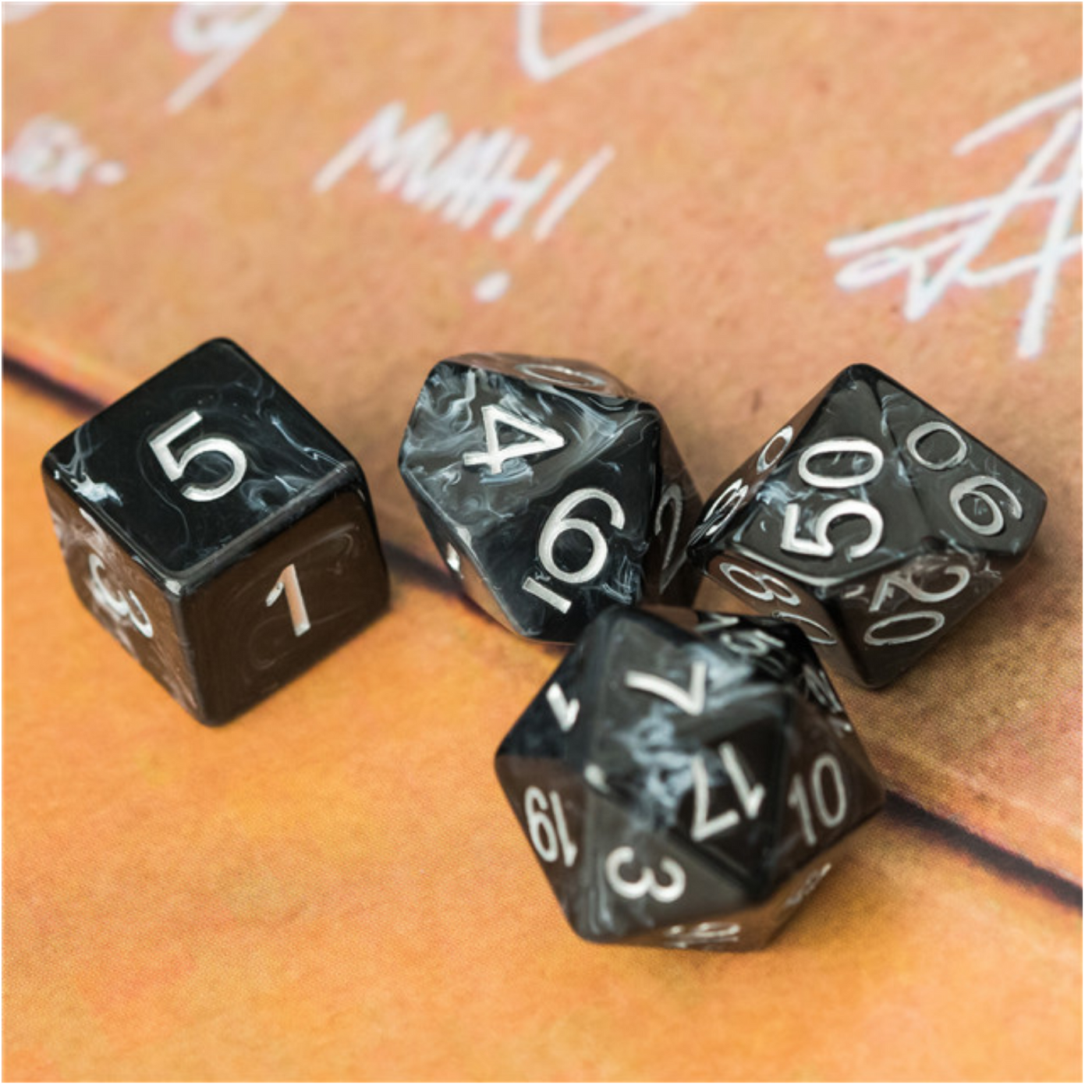 Black Brushed White Silk RPG Dice Set Plastic Dice Foam Brain Games