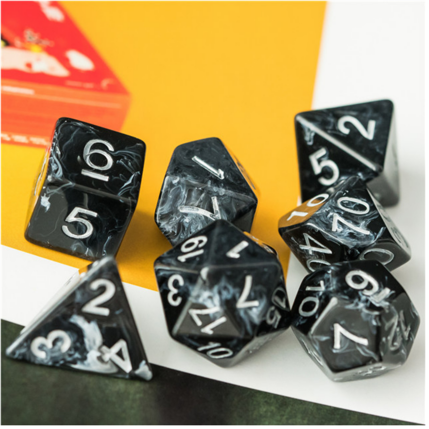 Black Brushed White Silk RPG Dice Set Plastic Dice Foam Brain Games