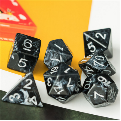 Black Brushed White Silk RPG Dice Set Plastic Dice Foam Brain Games