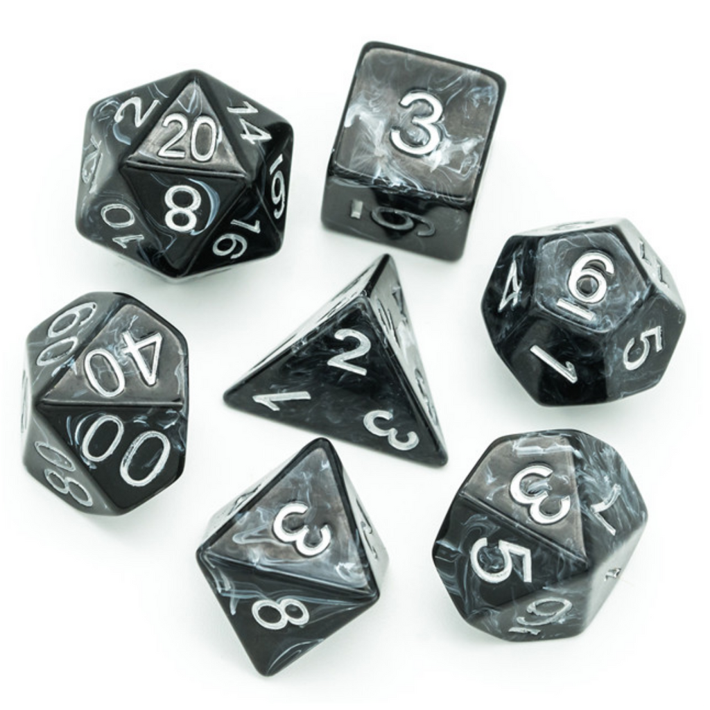 Black Brushed White Silk RPG Dice Set Plastic Dice Foam Brain Games