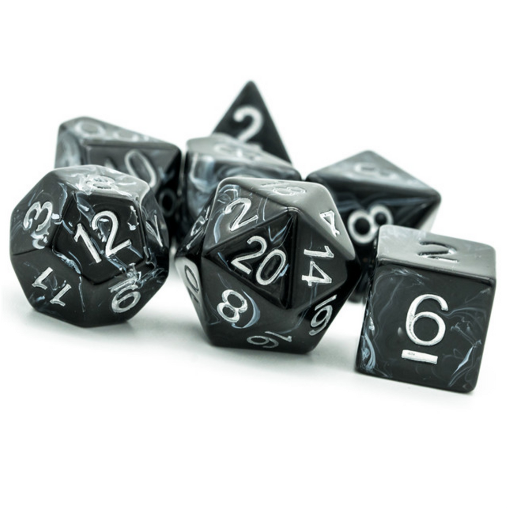 Black Brushed White Silk RPG Dice Set Plastic Dice Foam Brain Games