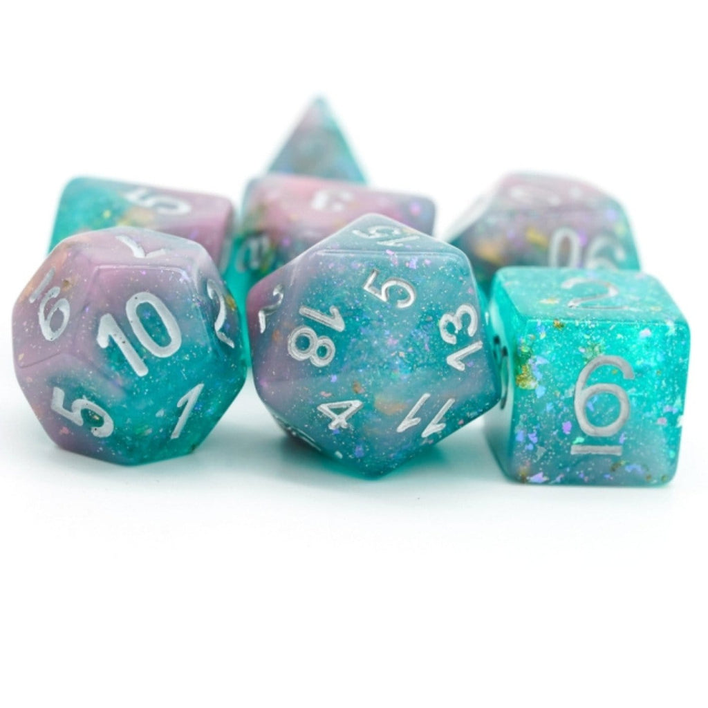 Pink & Green Seabed Treasure RPG Dice Set Plastic Dice Foam Brain Games