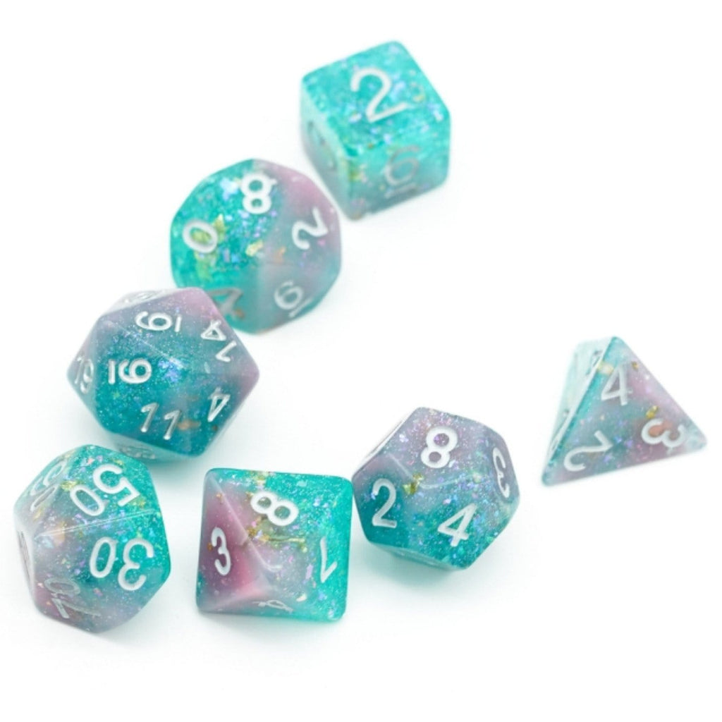 Pink & Green Seabed Treasure RPG Dice Set Plastic Dice Foam Brain Games