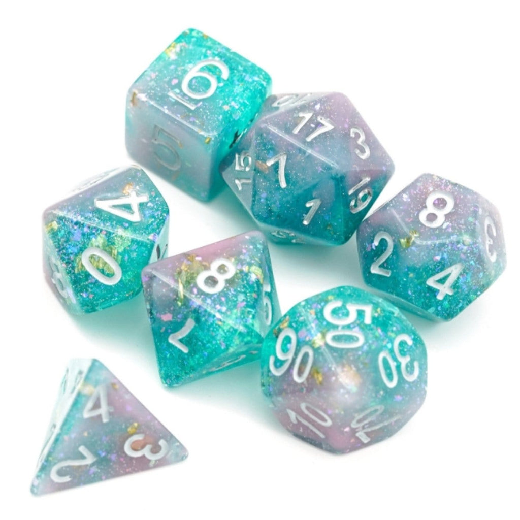 Pink & Green Seabed Treasure RPG Dice Set Plastic Dice Foam Brain Games