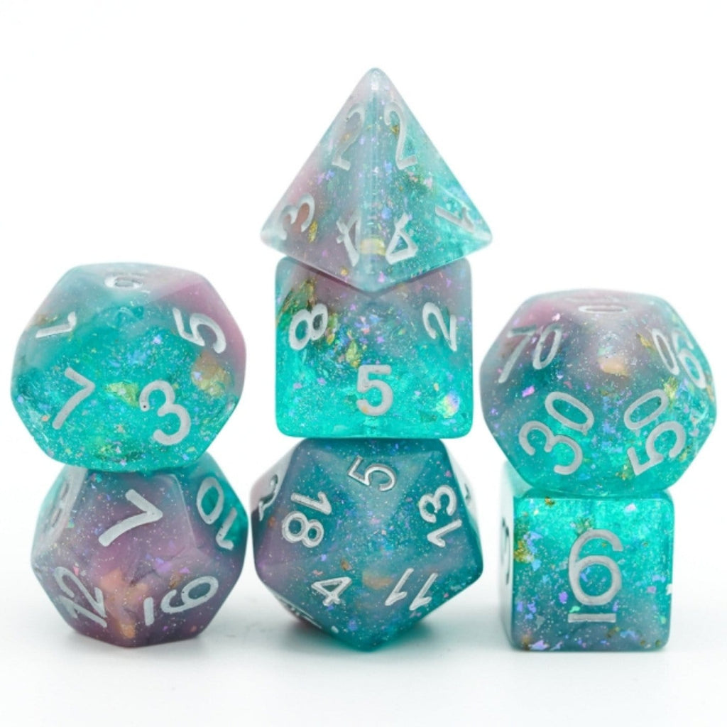 Pink & Green Seabed Treasure RPG Dice Set Plastic Dice Foam Brain Games