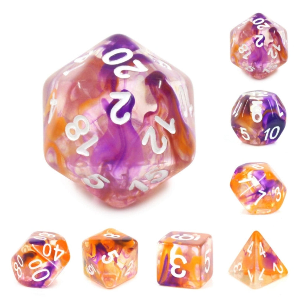 Purple & Orange Swirl Dice RPG Dice Set Plastic Dice Foam Brain Games