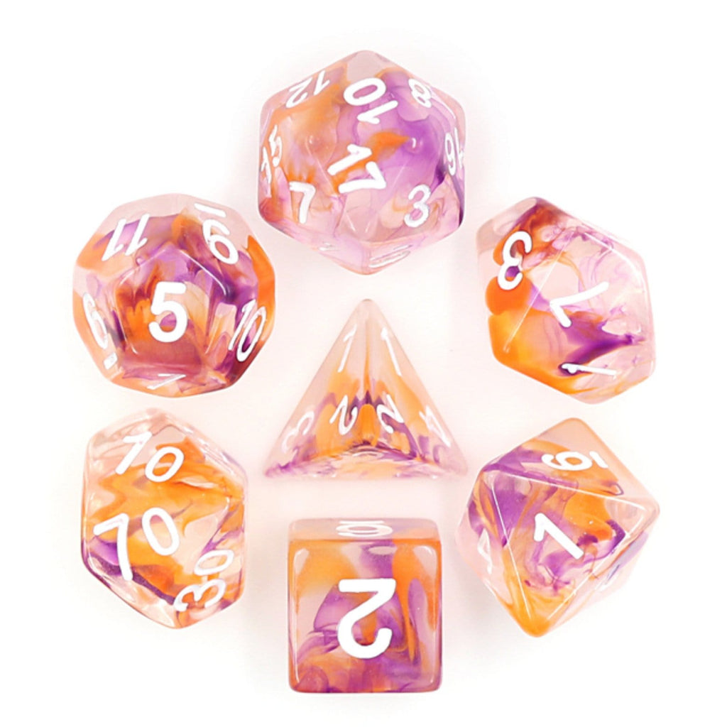 Purple & Orange Swirl Dice RPG Dice Set Plastic Dice Foam Brain Games