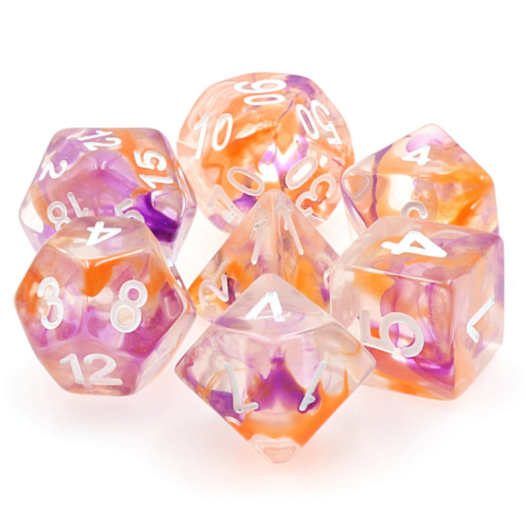 Purple & Orange Swirl Dice RPG Dice Set Plastic Dice Foam Brain Games