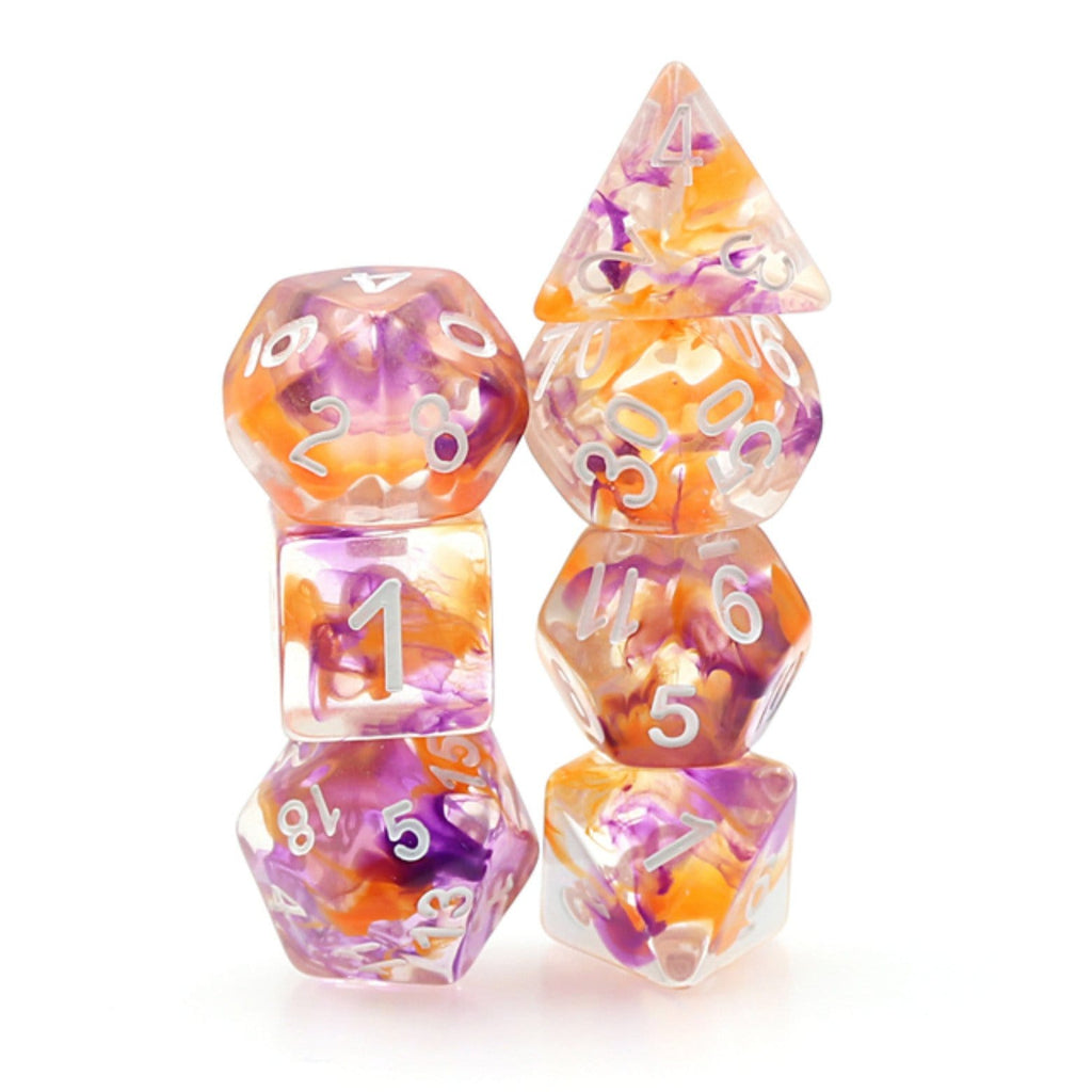 Purple & Orange Swirl Dice RPG Dice Set Plastic Dice Foam Brain Games