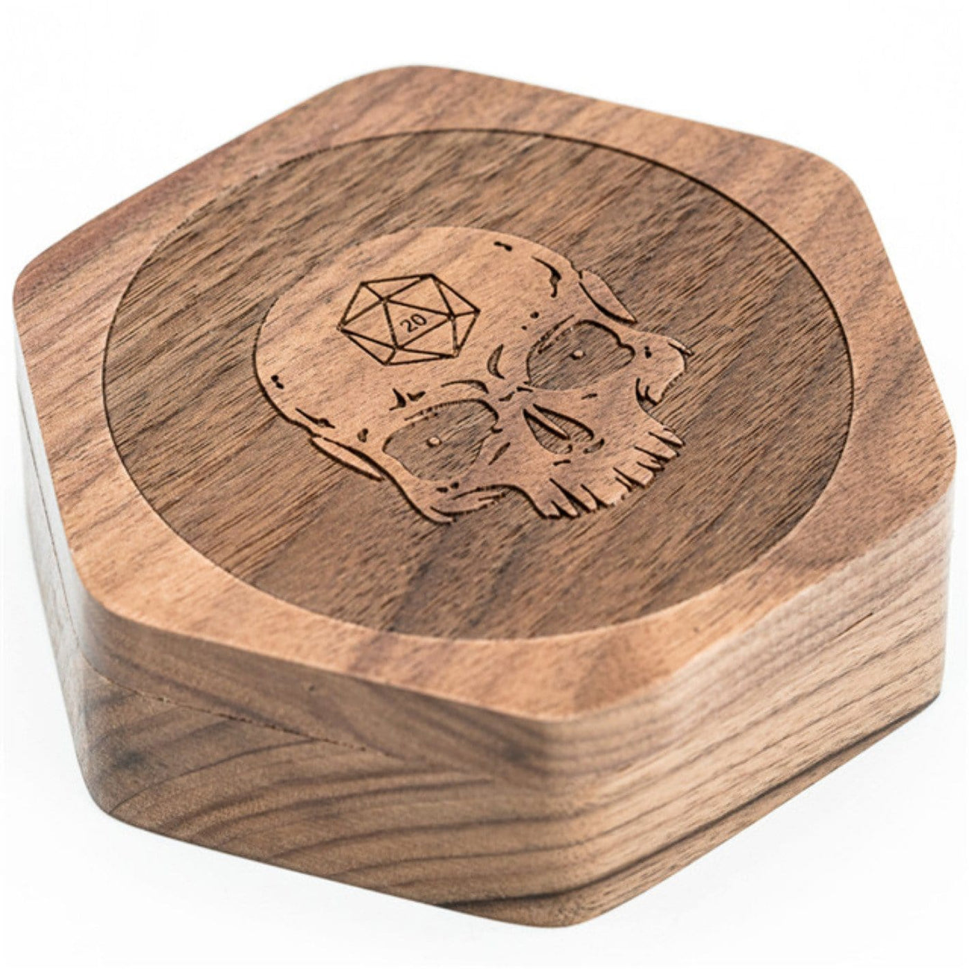 Walnut Hexagon Wooden Dice Box with Skull Dice Box Foam Brain Games