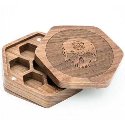Walnut Hexagon Wooden Dice Box with Skull Dice Box Foam Brain Games