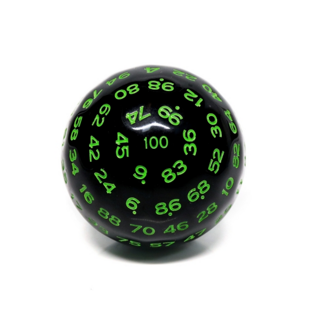 45mm D100 - Black Opaque with Green Plastic Dice Foam Brain Games