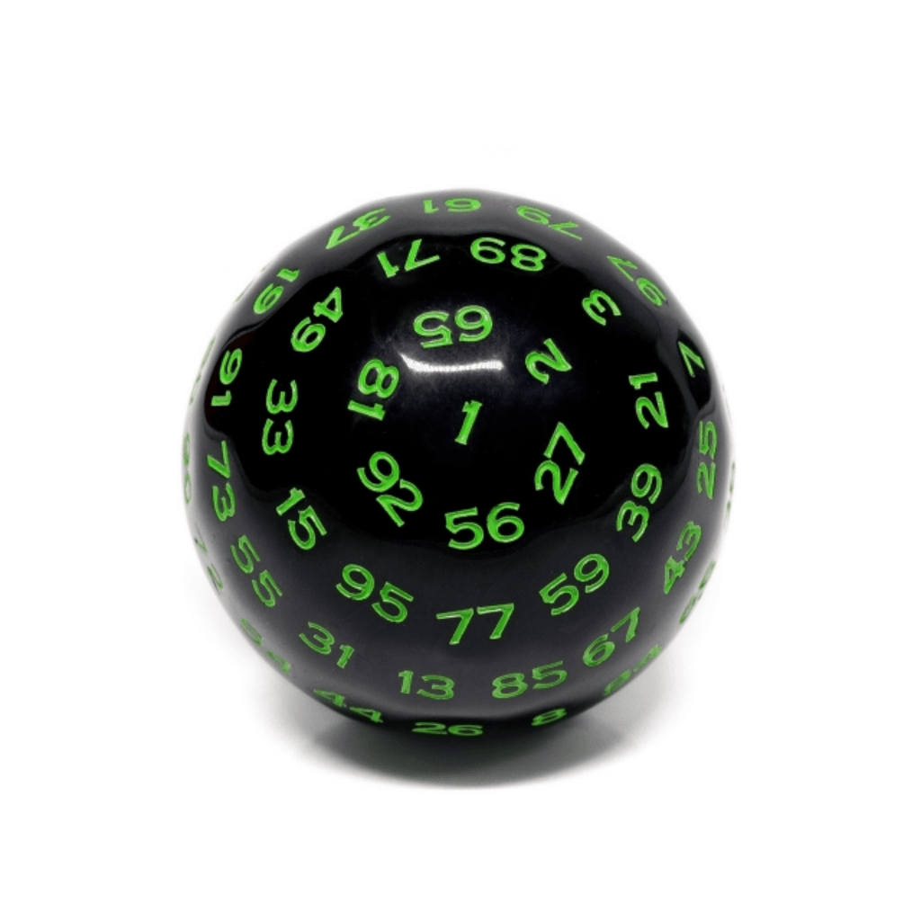 45mm D100 - Black Opaque with Green Plastic Dice Foam Brain Games