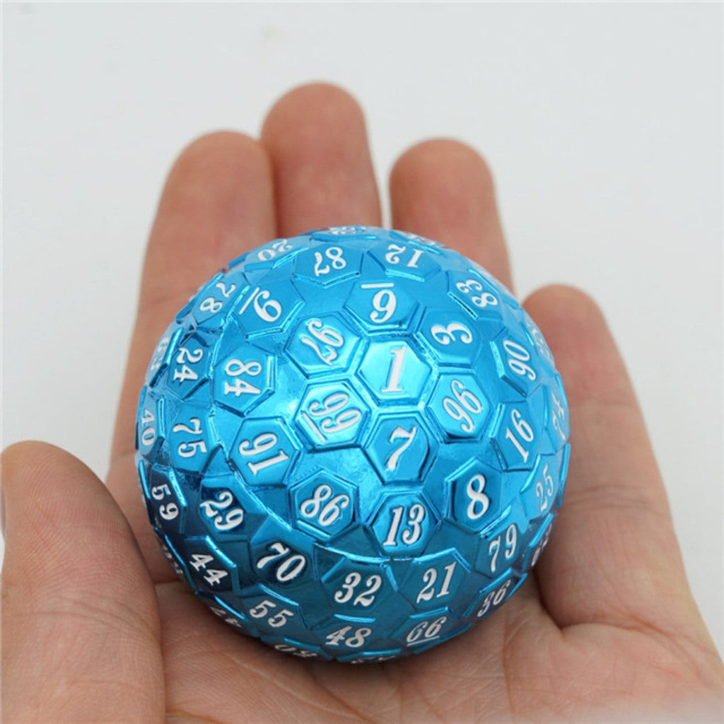 45mm Metal D100 - Blue with White Font Metal Dice Foam Brain Games