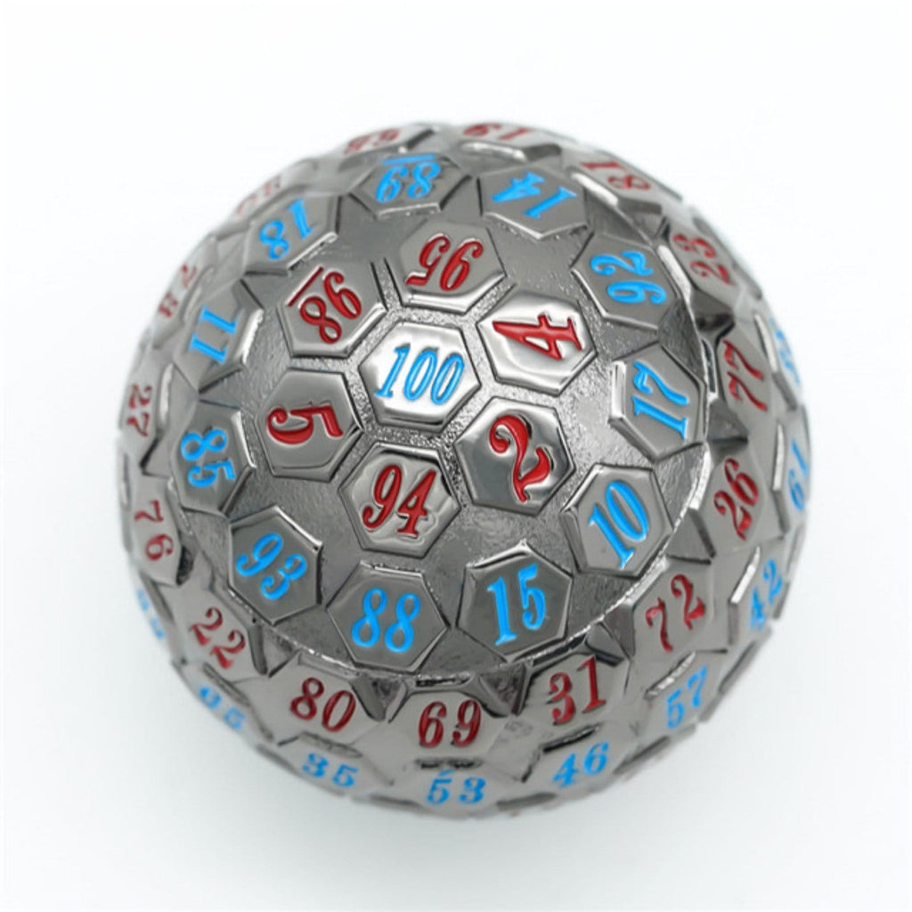 45mm Metal D100 - Black Metal with Red & Blue Metal Dice Foam Brain Games