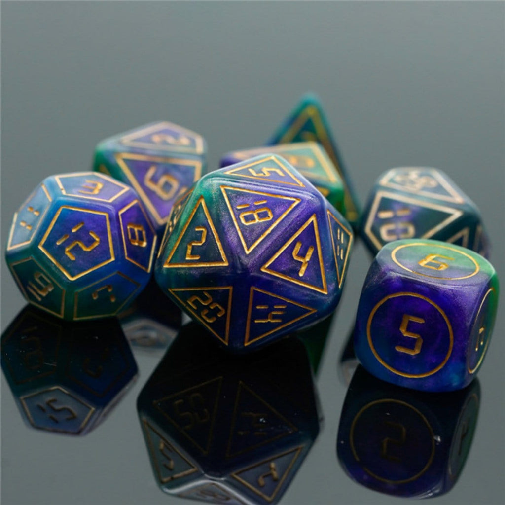 Cybernated Purple & Green RPG Dice Set - XLarge Plastic Dice Foam Brain Games