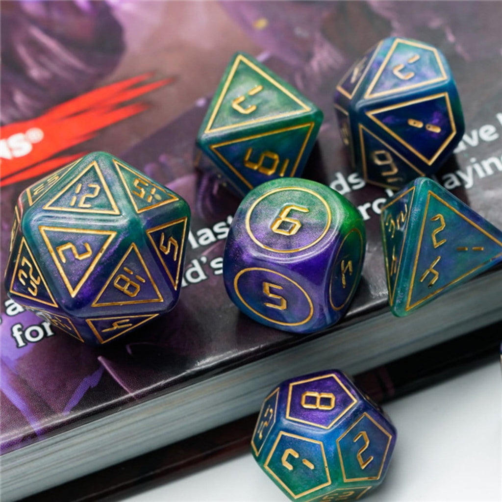 Cybernated Purple & Green RPG Dice Set - XLarge Plastic Dice Foam Brain Games