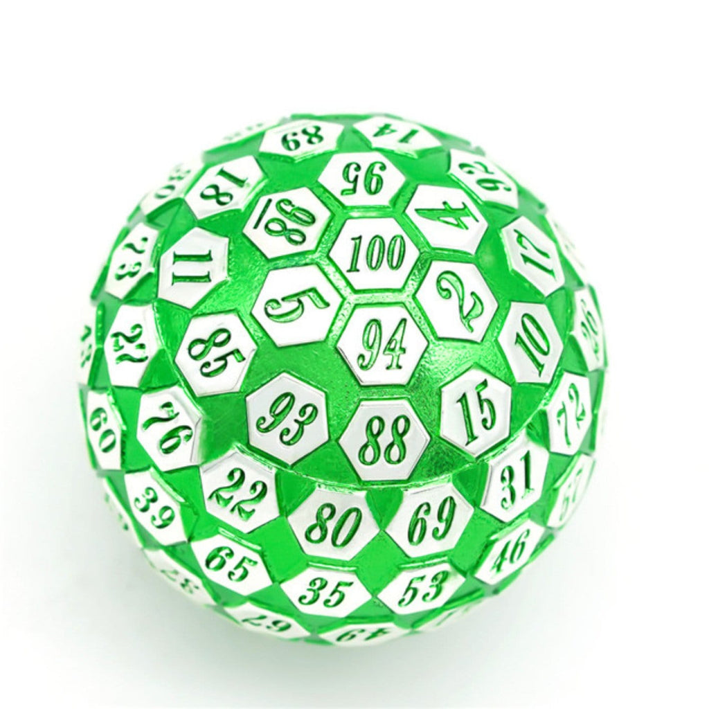 45mm Metal D100 - Green & Silver Metal Dice Foam Brain Games