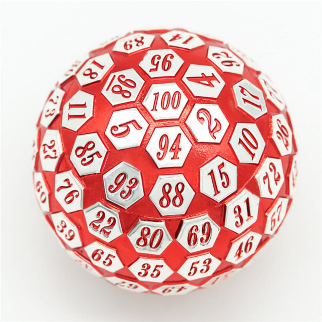 45mm Metal D100 - Red & Silver Metal Dice Foam Brain Games