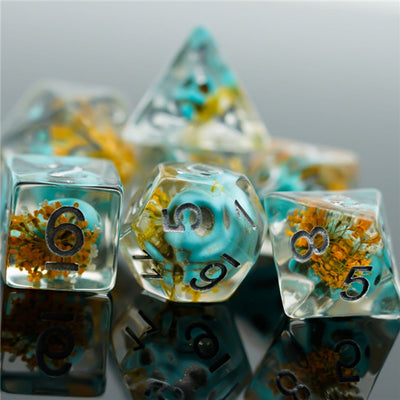 Yellow Flower with Blue Skull RPG Dice Set Plastic Dice Foam Brain Games
