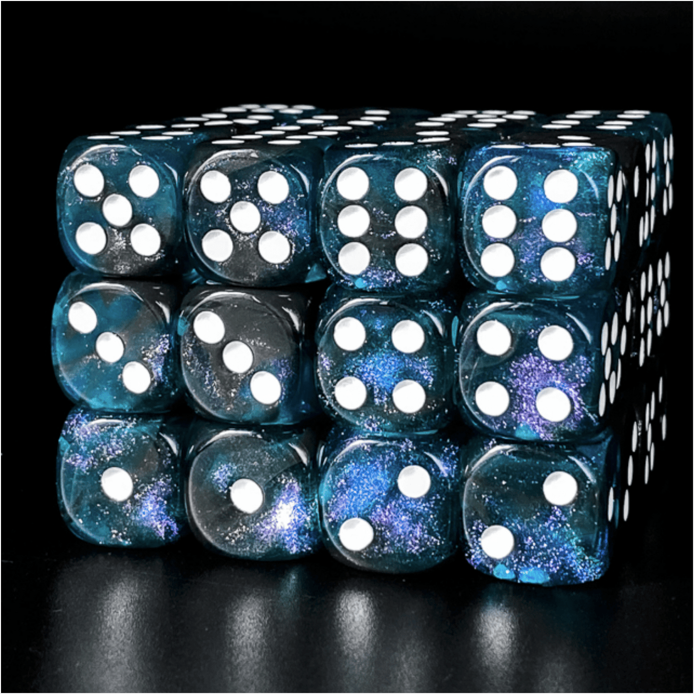 12 piece Pip D6's - Galactic Glitter Plastic Dice Foam Brain Games