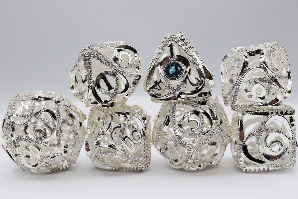 Hollow Hearts: Jeweled Sterling Silver - Premium RPG Metal Dice Set Metal Dice Foam Brain Games