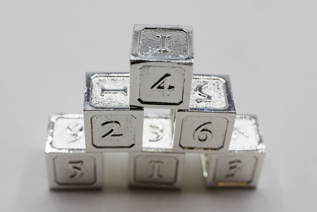 6 piece Metal D6's - Silver Metal Dice Foam Brain Games