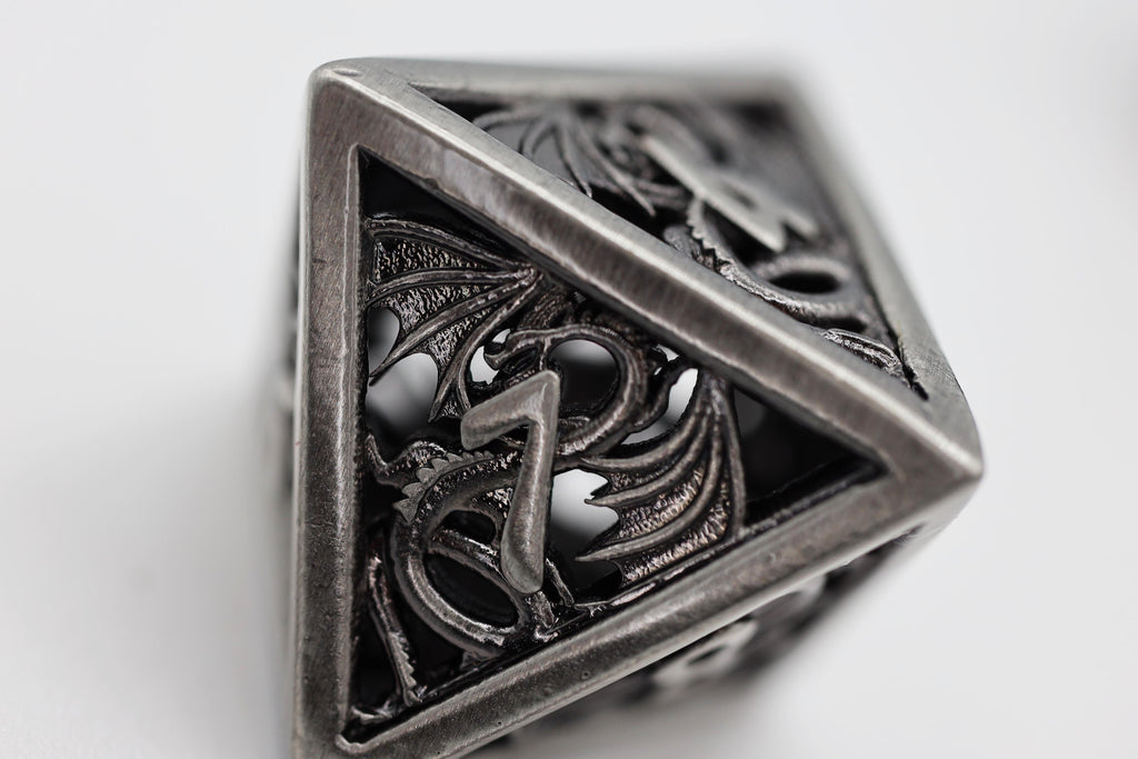 Dragon Essence: Silver - Hollow Metal RPG Dice Set Metal Dice Foam Brain Games